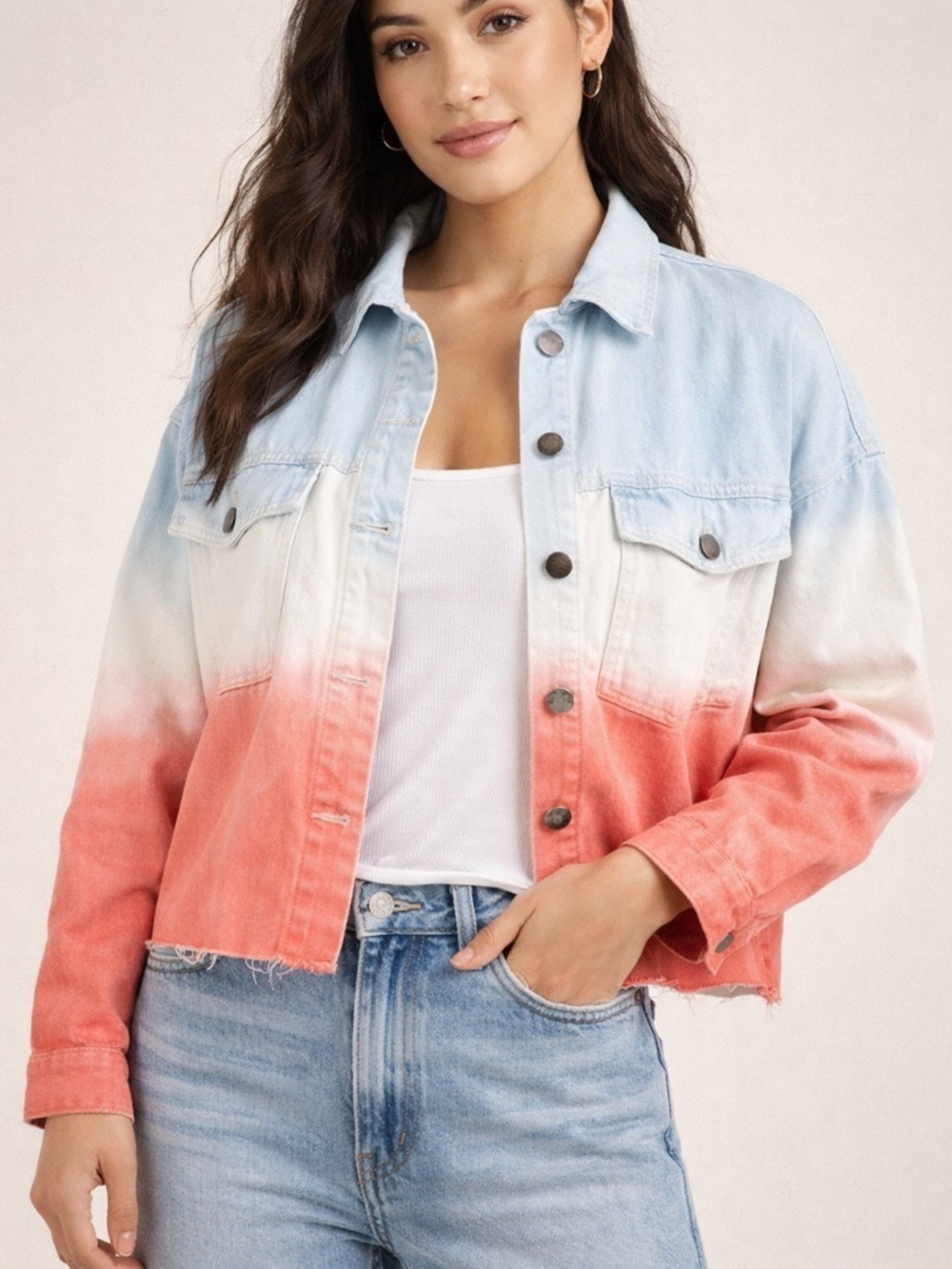 Topshop Petite Ombre Denim Shacket Jacket S Blue White Coral Cropped Boxy NWT
